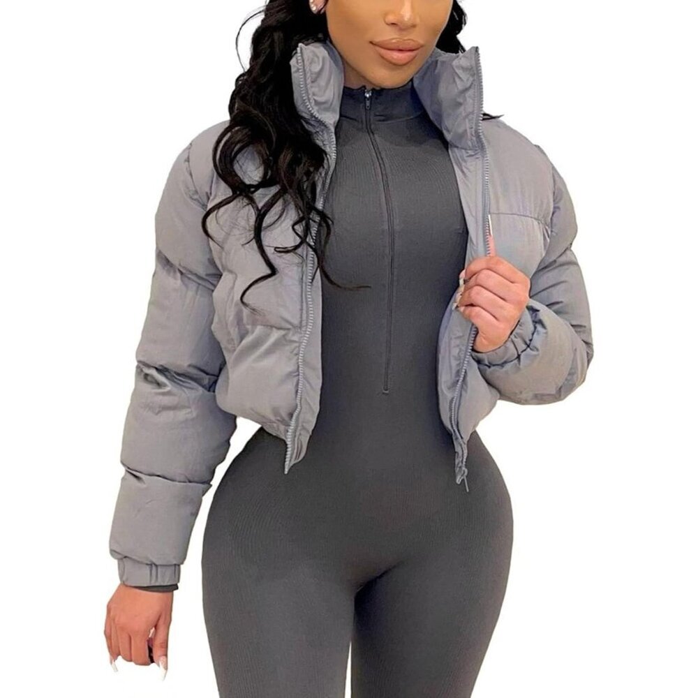 〽️Women’s Grey Gihuo Cropped Puffer Zip-Up Quilted Winter Bubble Jacket